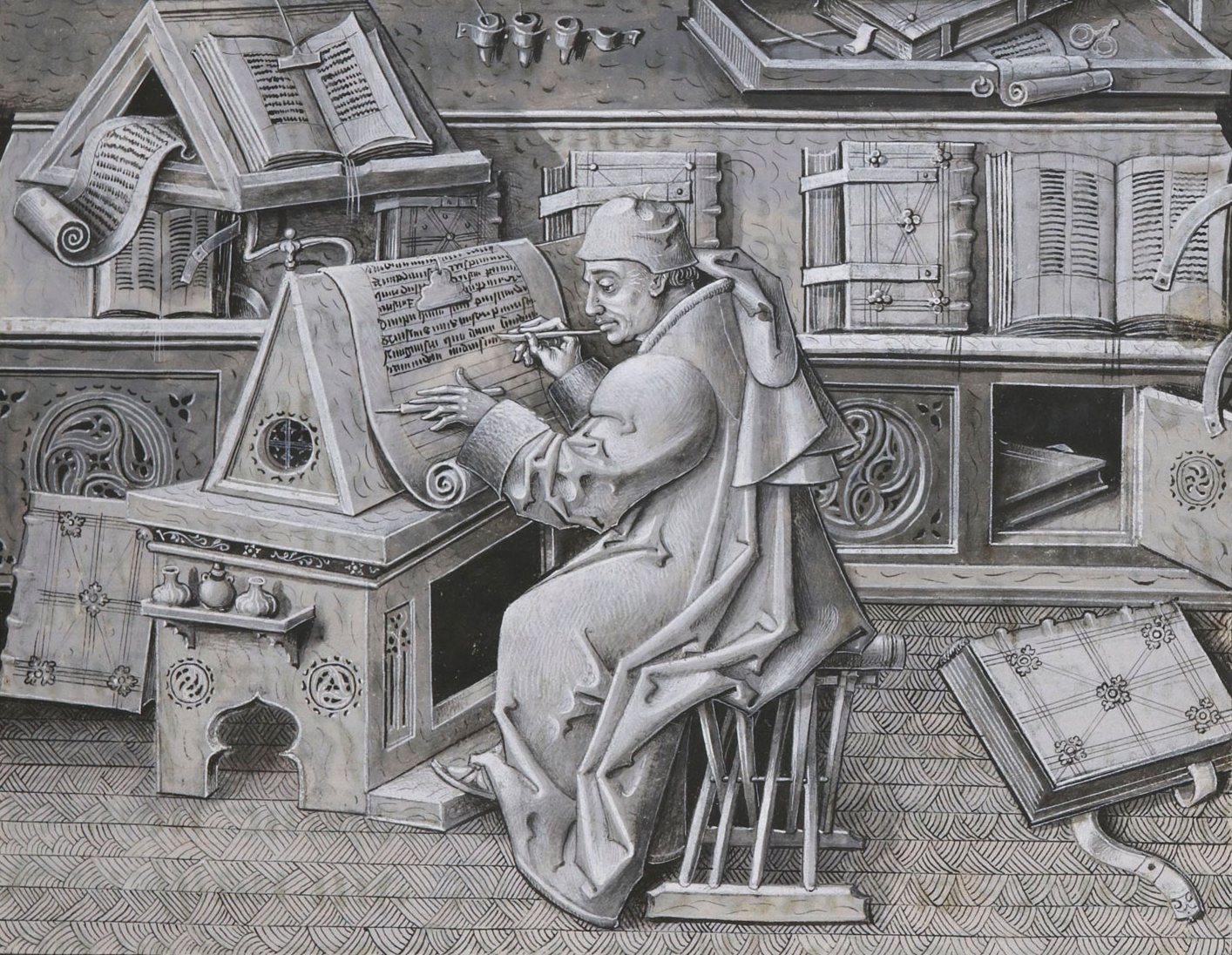 A medieval scribe in a hooded robe sits at a slanted desk, copying a manuscript with a pen, surrounded by shelves of books and scrolls.
